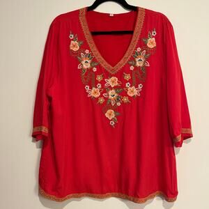 Womens‎ Shirt Blouse V-Neck Floral Embroidered Red 100% Rayon Size Large
